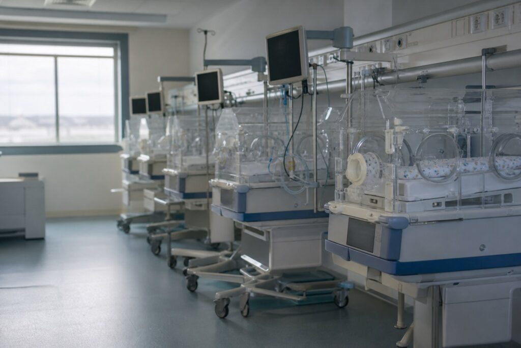 Rangée d'incubateurs pour bébés avec moniteurs dans une unité de soins