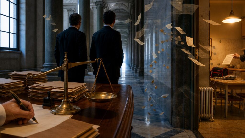 Bureau d'acajou couvert de dossiers sous chemise, une main signant une feuille au stylo plume, une balance de laiton déséquilibrée ; deux hommes en costume vus de dos devant une colonnade de marbre ; à droite, une cuisine avec une table et un relevé d'allocations ; des feuilles et des pièces traversent l'espace.