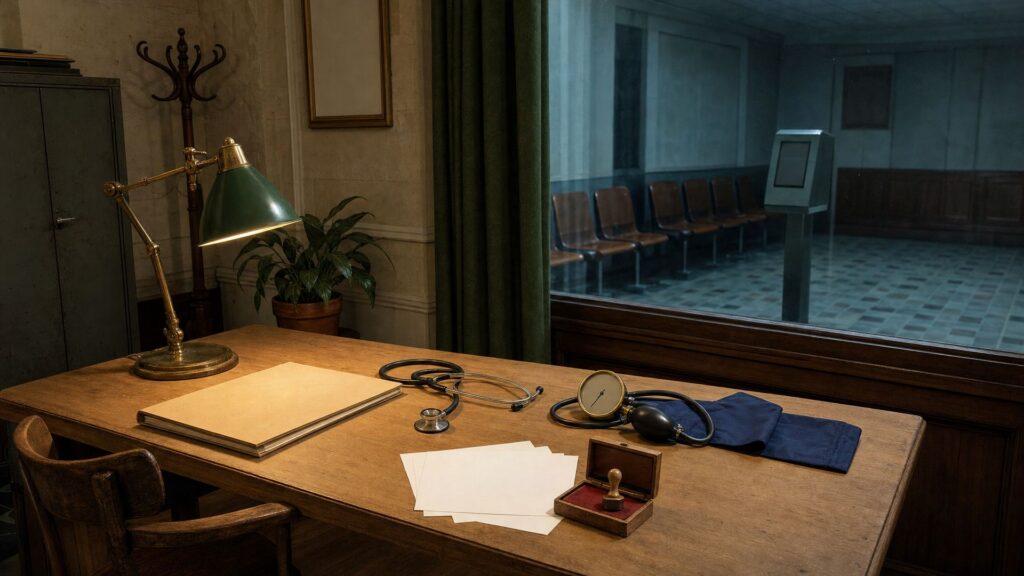 Illustration éditoriale générée par IA : cabinet de consultation avec dossier patient fermé, stéthoscope et tensiomètre sur un bureau éclairé par une lampe, salle d'attente déserte derrière une cloison vitrée ; ne constitue pas une photographie ni une déclaration de la personne représentée.