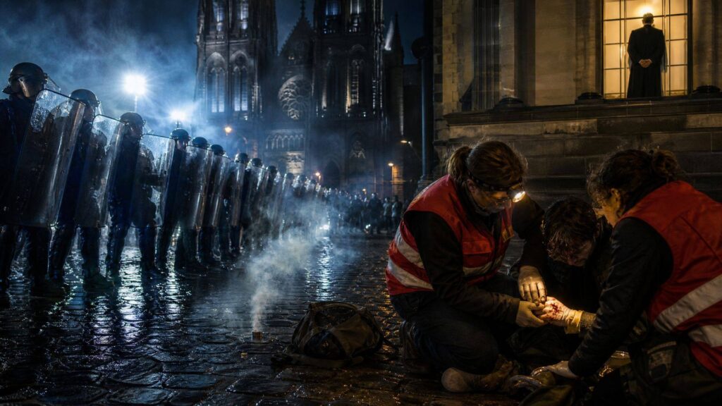 Place de Clermont-Ferrand au crépuscule, pavés mouillés et pierre volcanique sombre : à gauche, une ligne de CRS casqués, visières baissées, boucliers transparents dressés dans une lumière blanche froide ; au centre, un cylindre métallique de grenade fumant près d'un sac à dos ; à droite, trois secouristes en gilet rouge, lampe frontale allumée, penchés sur une personne assise au sol dont ils soignent la main ensanglantée ; au fond, la silhouette noire d'une cathédrale gothique et la façade éclairée d'un bâtiment institutionnel dont une haute fenêtre montre, de dos, les mains dans le dos, un homme qui observe la place.
