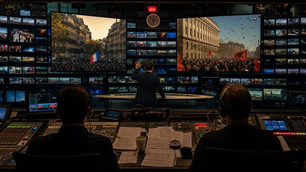 Régie de télévision plongée dans l'obscurité : deux techniciens vus de dos devant une console couverte de feuilles et de câbles, un présentateur en costume vu de dos face à un mur d'écrans ; deux grands moniteurs se font face, à gauche une avenue parisienne à façades haussmanniennes avec un drapeau français, à droite une foule devant un bâtiment de pierre sous un ciel bleu, drapeaux rouges à aigle bicéphale.