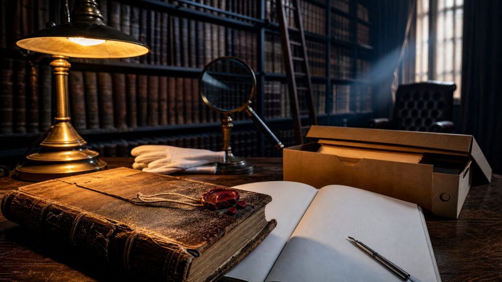Illustration éditoriale générée par IA : gros plan sur un vieux registre relié de cuir et scellé de cire à côté d'un texte de loi imprimé aux pages vierges, sous une lampe de lecture, rayonnages d'archives en fond.
