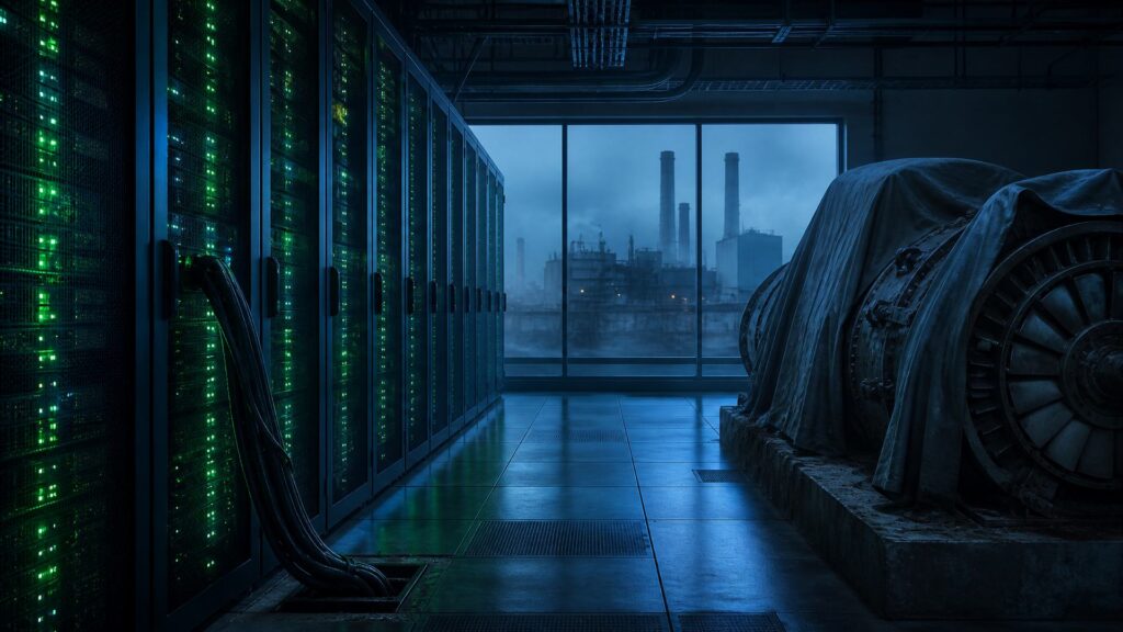 Salle de serveurs anonyme devant une turbine industrielle bâchée et une usine éteinte