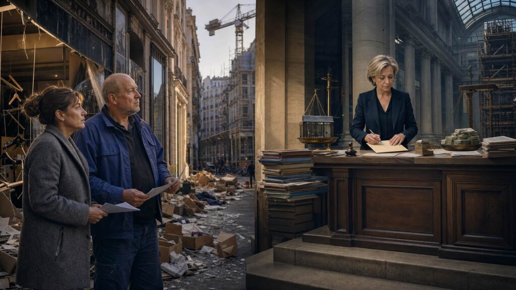 Rue commerçante au soir, vitrine brisée et cartons éventrés au premier plan, une commerçante en manteau gris et un commerçant en blouson de travail tenant chacun une attestation ; à droite, derrière un comptoir public monumental en pierre et bois couvert de dossiers, d'un tampon, d'une balance de laiton et de liasses, une femme blonde en tailleur sombre signe une enveloppe
