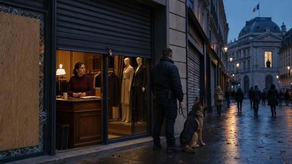 Image éditoriale générée par IA, non documentaire : au crépuscule, une boutique de vêtements parisienne, rideau métallique à moitié baissé et vitrine fissurée recouverte de contreplaqué ; devant l’entrée, un agent de sécurité privée en tenue sombre, vu de dos, tient en laisse un berger allemand assis ; à l’intérieur, dans une lumière chaude, une commerçante compte des billets derrière un comptoir en bois, portants de vêtements et mannequins visibles ; au fond, la façade de pierre d’un bâtiment administratif, une fenêtre éclairée et un drapeau tricolore.