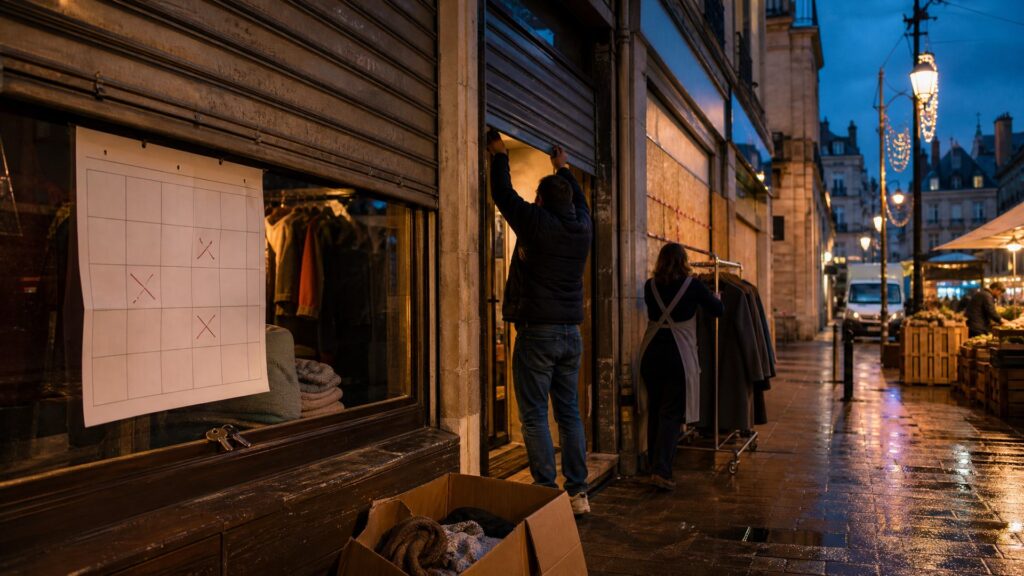 Rue commerçante au crépuscule : un commerçant vu de dos relève le rideau métallique d'une boutique, une employée sort un portant de vêtements d'une porte éclairée, un calendrier mural aux cases barrées est punaisé sur la vitrine, guirlandes de Noël aux lampadaires.