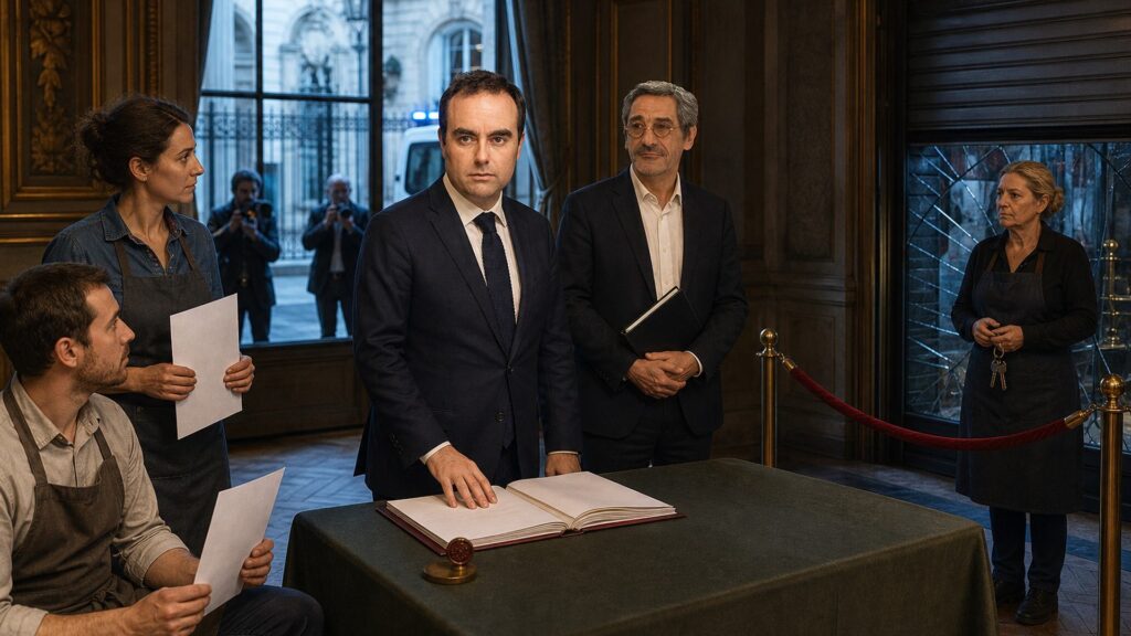 Sébastien Lecornu, Premier ministre, annonce à Matignon le chômage partiel à 100 % pour les commerces pillés, aux côtés de Serge Papin, ministre du Commerce ; à gauche deux salariés tenant une feuille de paie blanche, à droite une commerçante seule devant un rideau métallique à demi baissé.