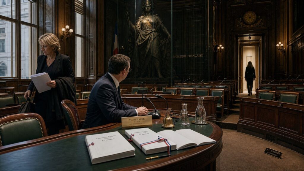 Salle de la commission des lois à l'Assemblée nationale : un président en costume sombre devant son carton nominatif, une députée blonde debout rassemblant ses documents, une femme vue de dos quittant la salle, banquettes vides, trois classeurs de rapport liés d'un ruban tricolore