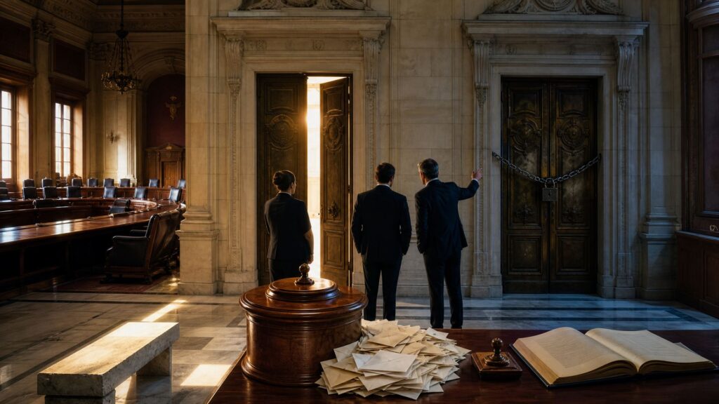 Vestibule de pierre d'un palais institutionnel : deux portes massives face à face, celle de gauche entrouverte sur une lumière chaude, celle de droite scellée par une chaîne de fer ; au premier plan une urne de bois verni, des bulletins pliés et un livre relié ouvert sur une tablette ; trois silhouettes de dos en tailleur sombre, l'une désignant la porte scellée. Image éditoriale générée par IA, non documentaire.