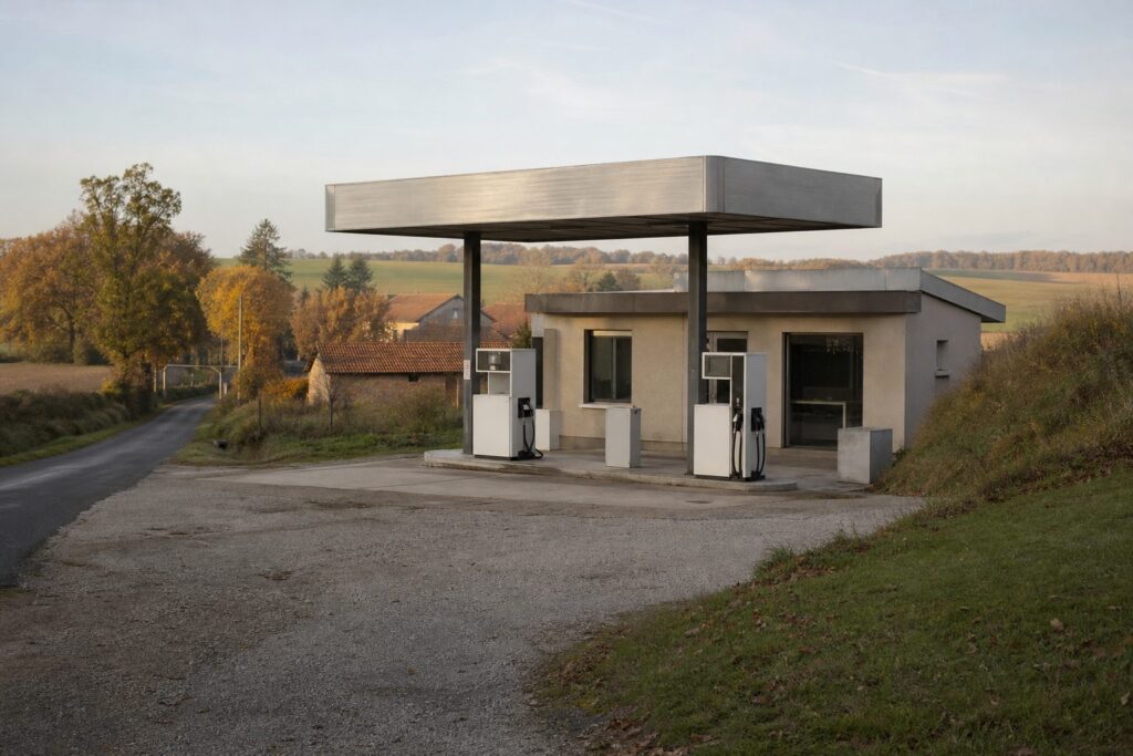 Station-service isolée à l'entrée d'un village rural français, pompes et auvent sous lumière d'automne