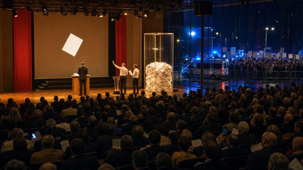 Image éditoriale générée par IA, non documentaire : salle de congrès monumentale vue de l'arrière, délégués assis dans l'ombre au premier plan ; au centre, scène éclairée en lumière chaude, un pupitre de bois portant un bulletin blanc et un homme en costume vu de dos, non identifiable, entouré de deux responsables tenant des feuilles de résultats ; à droite, une urne transparente de trois mètres remplie de bulletins pliés ; en haut à droite, baies vitrées ouvertes sur une rue nocturne bleue froide, contre-manifestants derrière des barrières et gyrophare de police.