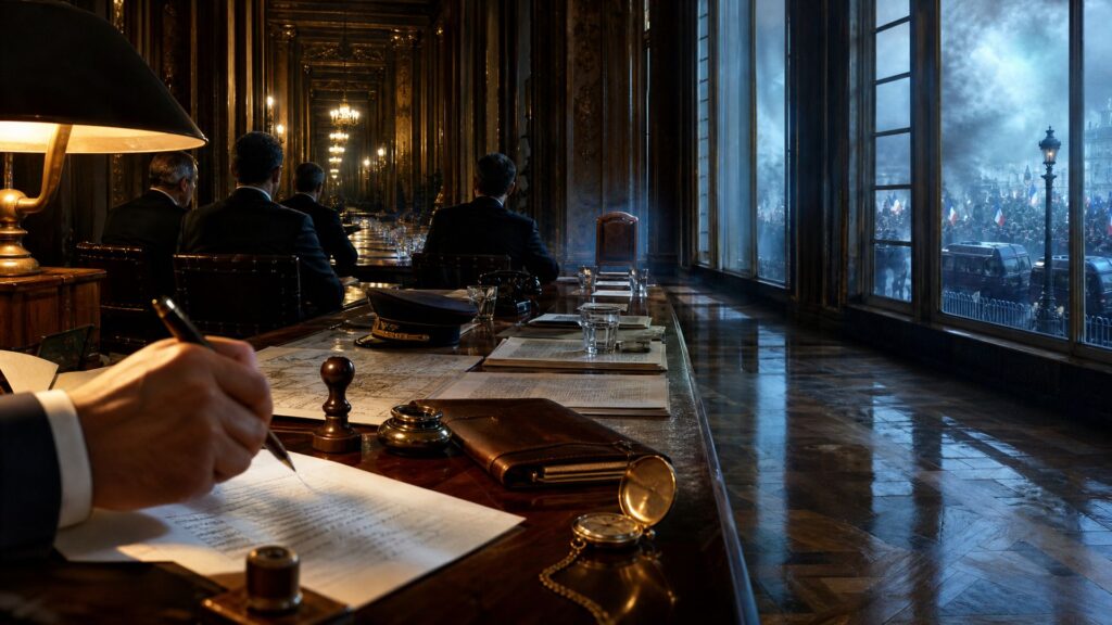 Une main signe un document officiel dans un salon d'apparat ; par les fenêtres, une foule manifeste derrière des barrières.