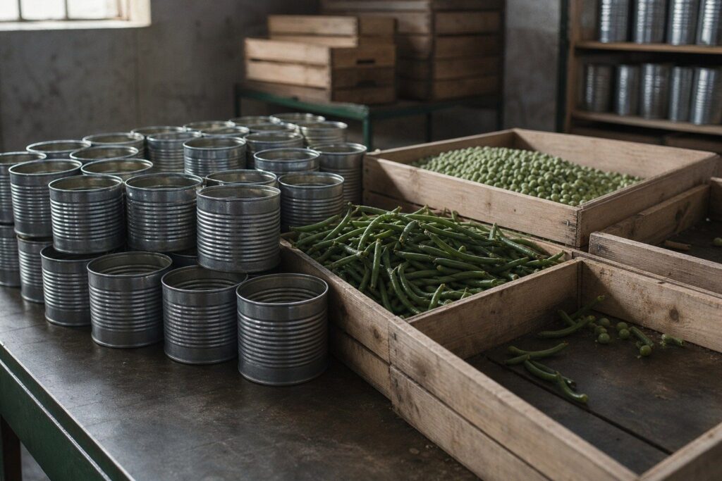 Boîtes de conserve et caisses de haricots verts sur des étagères en bois