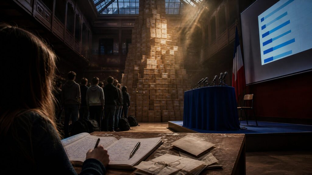 Dans un préau de lycée transformé en salle institutionnelle, une tour de cartons d'archives empilés jusqu'à la verrière sous un rai de lumière chaude ; au premier plan un cahier ouvert couvert d'une écriture manuscrite et une main qui écrit ; à gauche des lycéens debout vus de dos ; à droite un pupitre drapé de bleu, une haie de micros, une chaise vide, un drapeau français et un écran aux barres bleues.