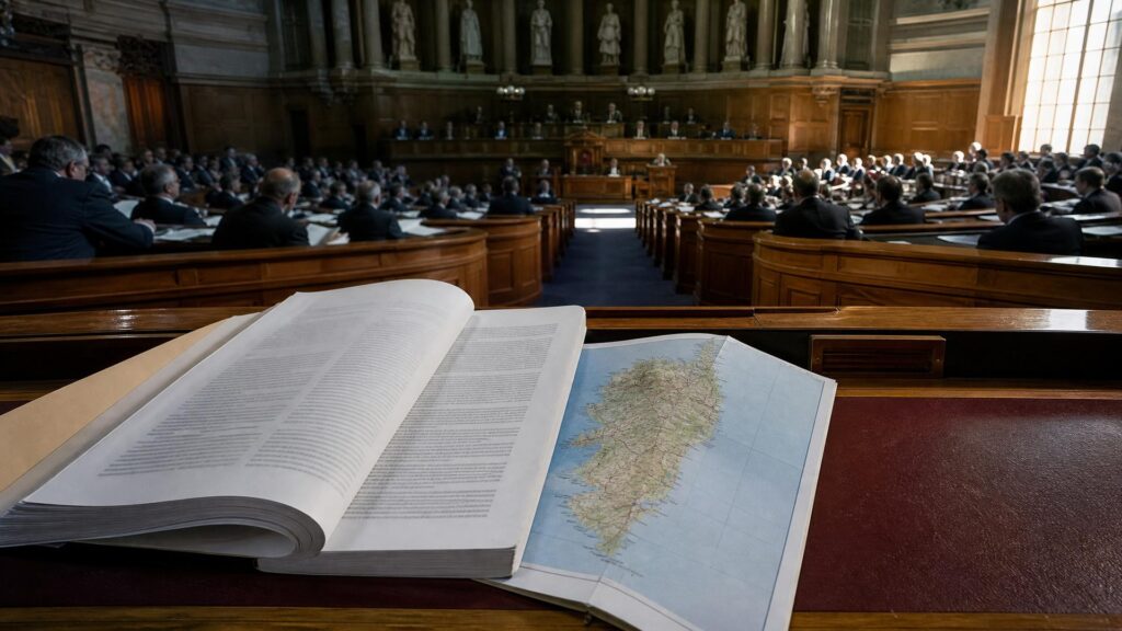 Hémicycle du Sénat : un rapport ouvert et une carte de la Corse sur un pupitre, des sénateurs vus de dos dans la pénombre.