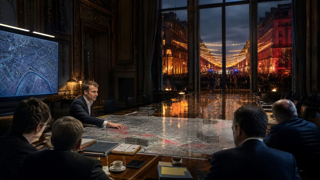 Salle du conseil de défense à l'Élysée : Emmanuel Macron penché sur une carte de Paris, des conseillers vus de dos, et une baie vitrée ouverte sur une avenue avec guirlandes, vitrines éclairées et foule derrière des barrières.