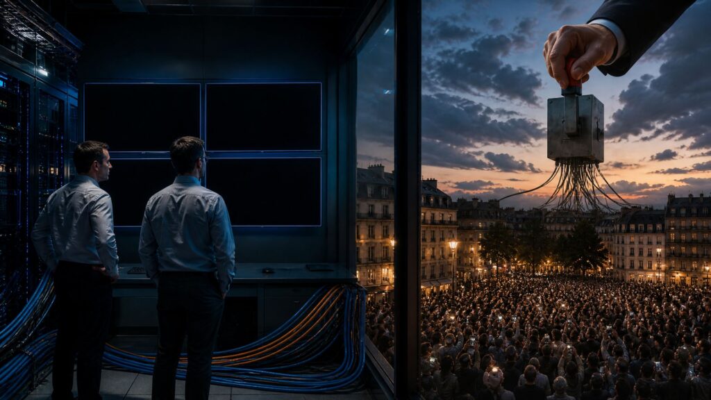 Image éditoriale générée par IA, non documentaire : une salle de supervision de réseau télécoms, à gauche deux ingénieurs vus de dos devant des baies de serveurs et quatre grands écrans éteints ; au centre et à droite, une grande vitre donne sur une place parisienne au crépuscule, remplie d'une foule dense dont les téléphones levés s'éteignent un à un ; au premier plan à droite, une main colossale en manchette de costume sombre tient la manette d'un interrupteur industriel monumental relié à la ville par des câbles. Palette froide bleu acier à l'intérieur, chaude et ambrée sur la ville.