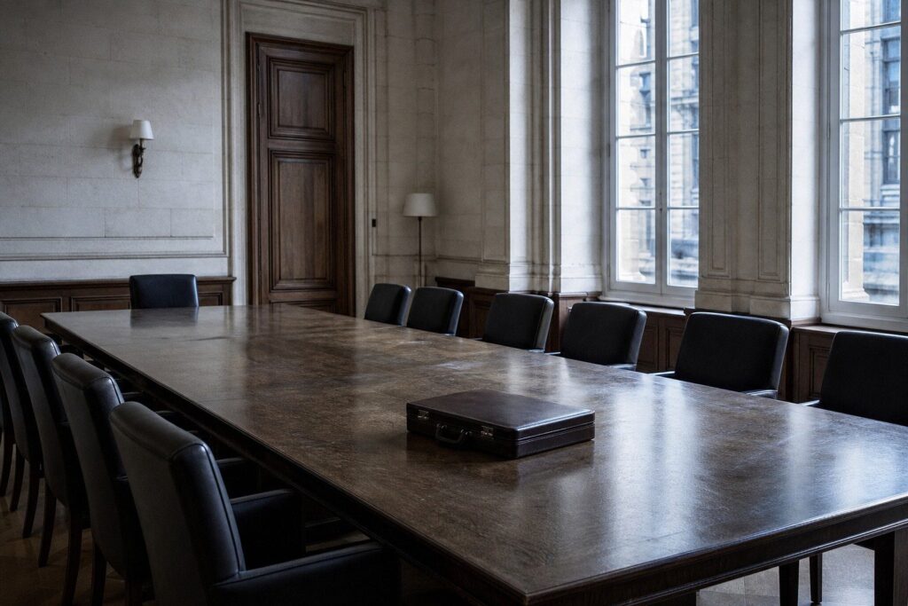 Salle de réunion aux murs de pierre, grande table en bois, chaises noires et mallette