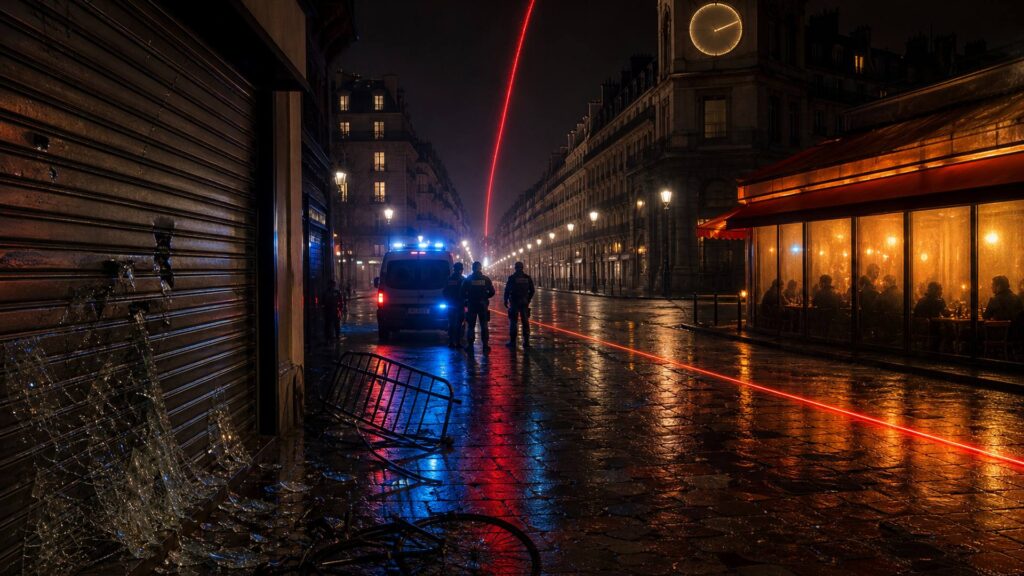 Rue commerçante française la nuit : rideau de fer baissé sur une vitrine fissurée, barrière renversée sur le pavé mouillé, ligne rouge lumineuse traçant un périmètre au sol, fourgon de police gyrophare bleu, café éclairé aux vitres embuées, horloge de pierre au-dessus des toits.