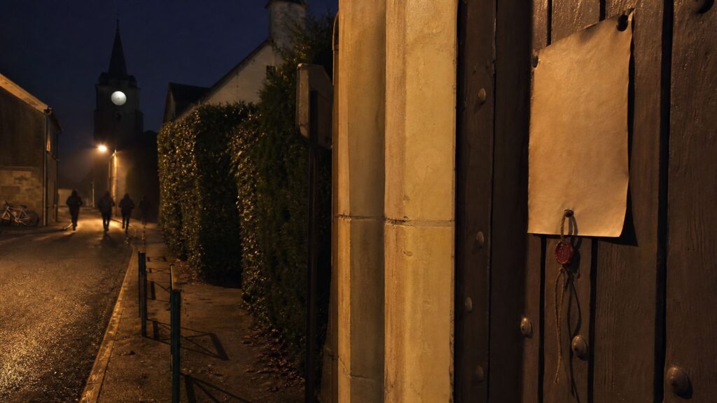 Illustration éditoriale générée par IA : rue de bourg la nuit, arrêté municipal affiché sur la porte de la mairie, lampadaire allumé, groupe d'adolescents anonymes et flous au bout de la rue, clocher sans chiffres.