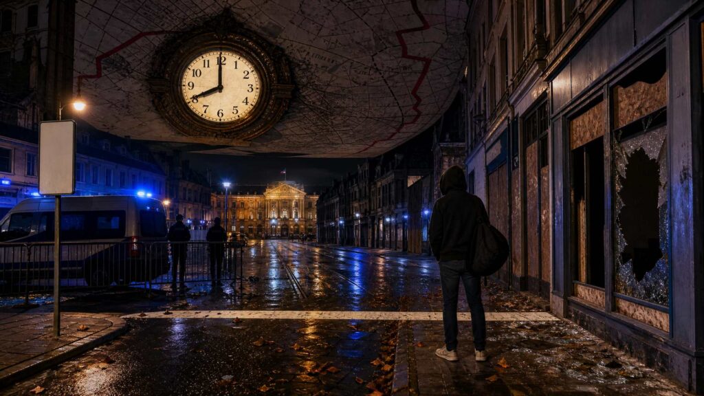 Rue commerçante du nord de la France la nuit, pavés mouillés et vitrines barricadées : au premier plan à droite, un adolescent anonyme vu de dos, capuche et sac de sport, s'arrête devant une large ligne blanche peinte en travers du trottoir ; à gauche, un fourgon de police au gyrophare bleu, deux agents en silhouette derrière des barrières et un panneau de signalisation blanc vierge ; au-dessus des toits, une horloge monumentale de pierre et de bronze marquant 20 heures et un plan de ville démesuré avec un trait de périmètre rouge ; à l'arrière-plan, la façade éclairée d'un hôtel de ville, un drapeau tricolore et des rails de tramway. Aucune personne identifiable, aucun texte lisible.