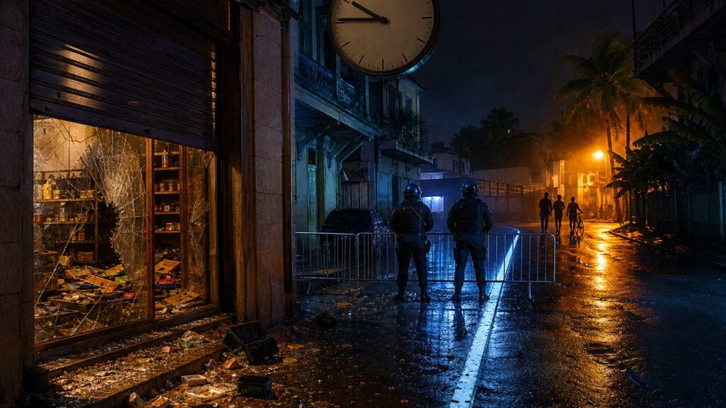 Rue de Pointe-à-Pitre la nuit : devanture de commerce saccagée, barrière de police, 2 agents vus de dos, jeunes silhouettes au loin sous un lampadaire, grande horloge de rue suspendue. Aucun visage identifiable, aucun texte incrusté.