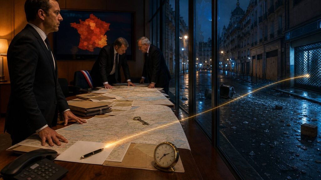 Salle de crise du ministère de l’Intérieur la nuit : trois hommes en costume penchés sur des cartes de villes, écran mural affichant une carte de France en rouge et orange, baie vitrée ouverte sur une rue commerçante déserte aux vitrines barricadées et au verre brisé.
