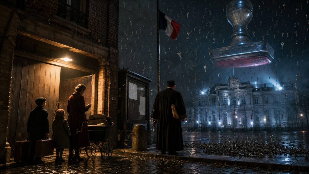 Place de ville un soir de pluie : une mère et deux enfants avec valises devant une porte, un commissaire de justice de dos tenant une liasse scellée et un cadenas, une vitrine d'arrêté municipal, un drapeau tricolore, et à l'arrière-plan un bâtiment préfectoral sous un tampon administratif géant, des clés tombant du ciel.