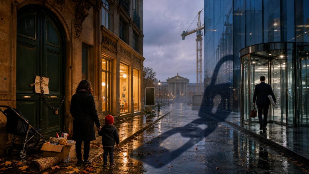 Rue de Paris à l'aube : à gauche, la façade ancienne d'une crèche, porte cochère verte scellée et chaînée, poussette abandonnée et carton de doudous sur le trottoir mouillé, une mère et un enfant vus de dos ; à droite, un homme en costume de dos franchit le tambour de verre d'une tour immense ; l'ombre d'un cadenas géant traverse la chaussée.