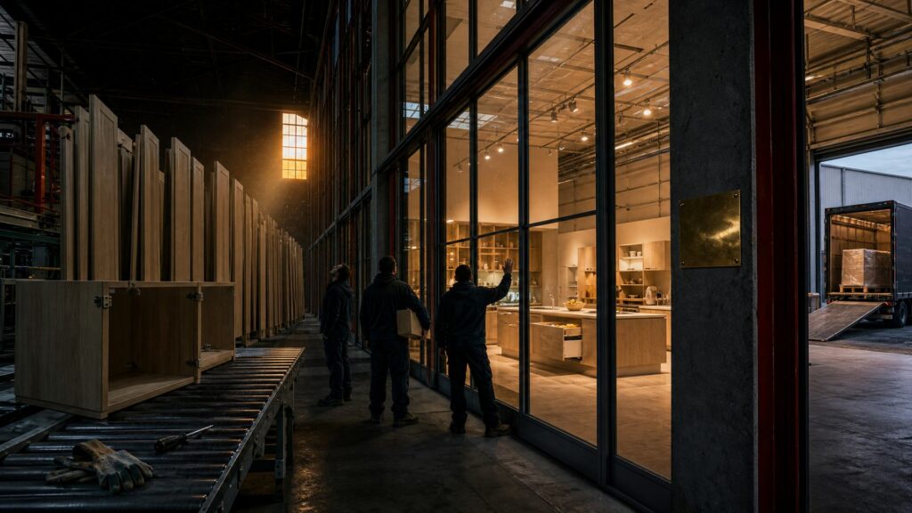 Vaste atelier de menuiserie en pénombre : des portes de meubles en chêne clair debout en file, un gant de travail et un tournevis sur le convoyeur arrêté ; trois ouvriers en blouson sombre, vus de dos, se tiennent devant une immense paroi vitrée qui donne sur une cuisine d'exposition éclairée comme une scène ; à droite, une plaque de laiton vierge sur un pilier de béton et un camion reculé à un quai de chargement.