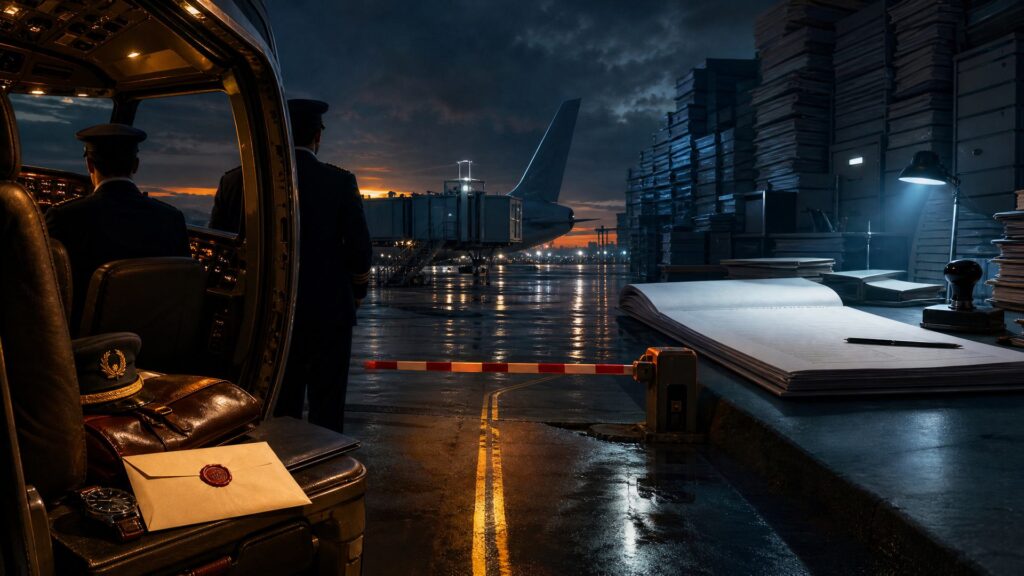 Poste de pilotage ouvert sur la nuit : casquette de commandant de bord, sacoche de vol et enveloppe scellée posée sur le siège, deux membres d'équipage en uniforme vus de dos ; au centre, passerelle d'embarquement, dérive d'un avion de ligne, barrière abaissée et tracé doré interrompu sur le tarmac mouillé ; à droite, bureau d'administration monumental, dossiers empilés, tampon encreur et ligne de signature restée vide. Aucune personne identifiable.