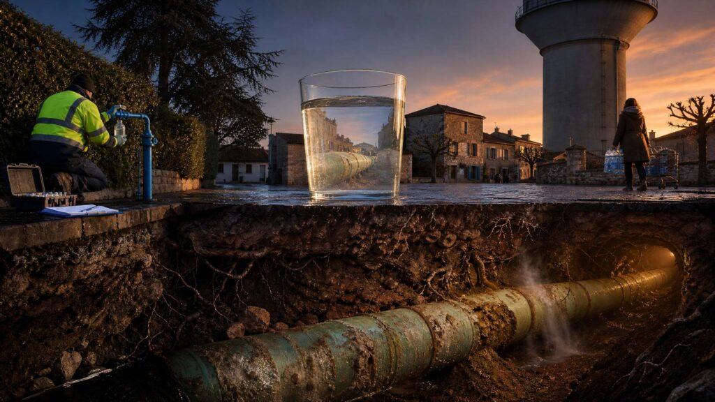 Coupe monumentale d'un village au crépuscule : sous la place, une immense canalisation en PVC ancienne fissurée laisse échapper un filet de vapeur ; au-dessus, un verre d'eau géant laisse voir le tuyau enterré ; à gauche, un technicien de dos prélève un échantillon sur une conduite neuve bleue, à droite une habitante de dos pousse un caddie chargé de packs d'eau devant la mairie, un château d'eau domine la scène.