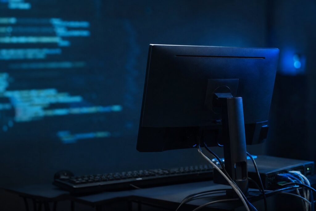 Poste informatique dans une pièce sombre, écran affichant du code flou et câbles réseau.