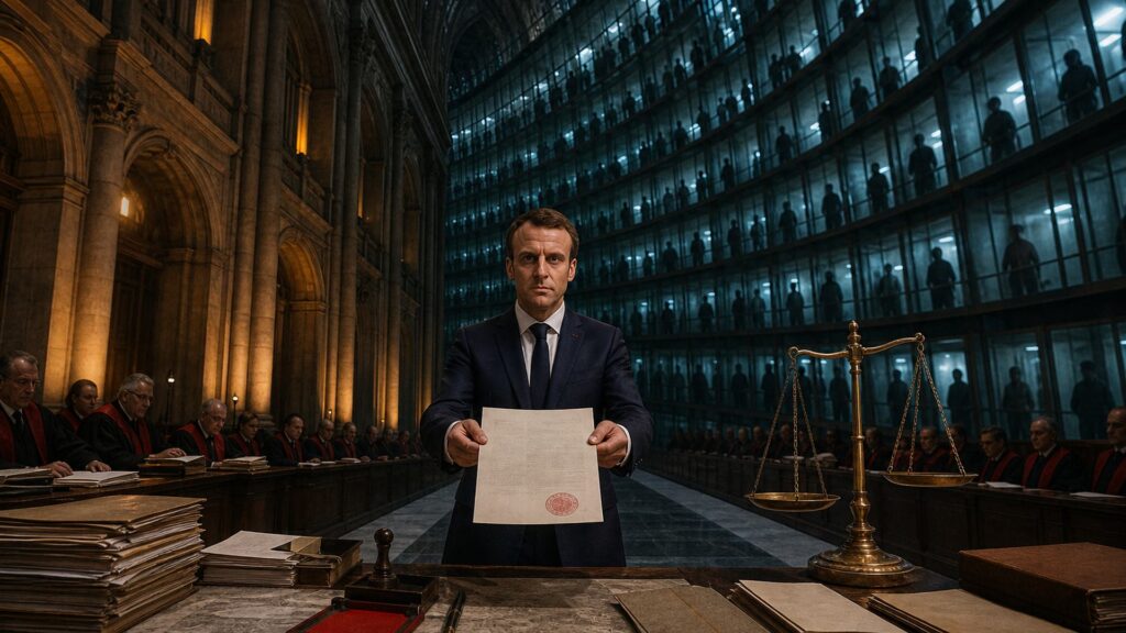 Dans la nef d'un palais de justice, un homme en costume sombre présente une feuille frappée d'un tampon rouge au-dessus d'une table couverte de registres reliés ; de part et d'autre, des magistrats en robe noire à col rouge assis sur des bancs de chêne, une balance de laiton nettement penchée ; au fond, une muraille de cellules vitrées où se tiennent des silhouettes immobiles en contre-jour.