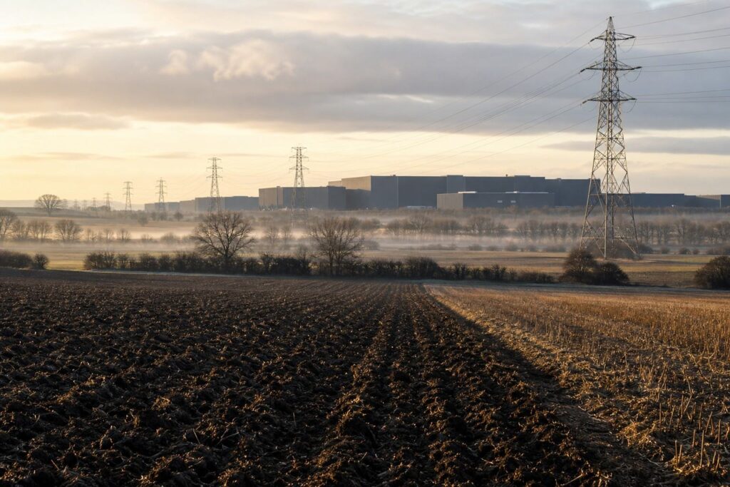 Champ labouré, pylônes à haute tension et bâtiments industriels au coucher du soleil
