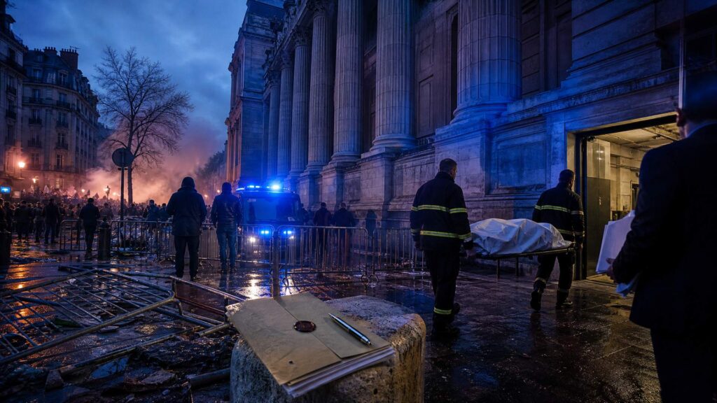 Rue de Paris au crépuscule après des violences : au premier plan une barrière métallique renversée et une civière couverte d'un drap blanc portée par deux pompiers vus de dos, un véhicule de secours au gyrophare bleu devant une caserne ; au second plan des silhouettes anonymes dans une fumée orange, derrière elles la façade monumentale et démesurée d'un palais de justice en pierre froide qui se perd dans le ciel, un trottoir mouillé et un dossier scellé posé sur une borne.