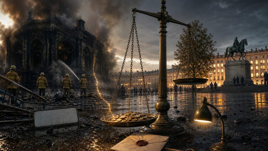 Pavillon du 19e siècle de l'office de tourisme sur une grande place, façade noircie et baies vides, pompiers de dos en tenue jaune actionnant une lance à eau sur les pavés mouillés, balance de bronze chargée de pièces au premier plan, enveloppe scellée de cire, fil de lumière dorée vers le bâtiment, statue équestre et façade institutionnelle éclairée à l'arrière-plan