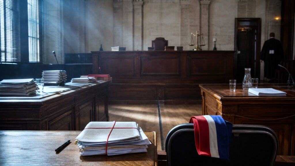 Salle d’audience d’un tribunal correctionnel à Marseille : sur la table du prévenu, un épais dossier de courriels imprimés retenu par un élastique rouge, à côté d’une écharpe tricolore pliée posée sur une chaise vide ; au fond, le banc surélevé du tribunal en bois sombre, un code relié et une balance de laiton.