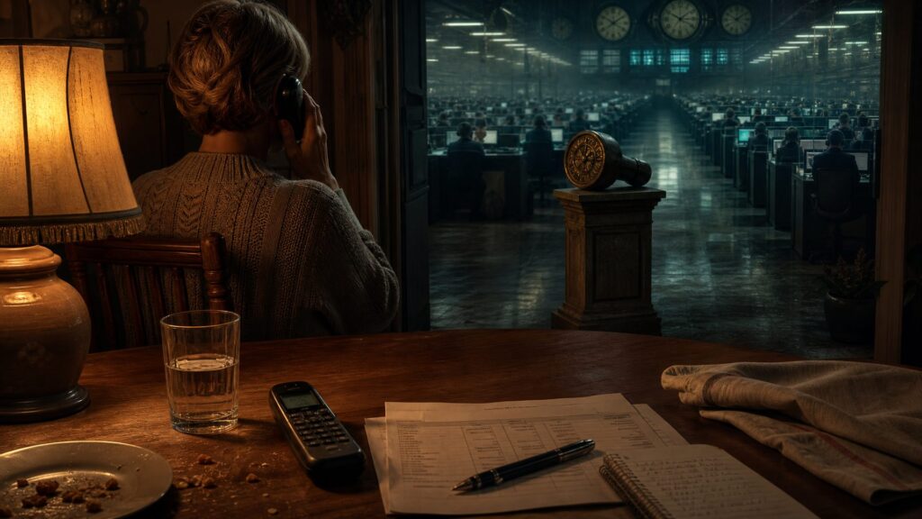 Cuisine de nuit au premier plan, éclairée par une lampe chaude : téléphone sans fil posé sur une table de bois, stylo, facture à colonnes de chiffres, carnet où des heures d'appel sont notées, verre d'eau et serviette froissée. Une femme de dos, épaules tendues, téléphone à l'oreille. Derrière elle, un couloir s'ouvre sur une salle de centre d'appels démesurée, des centaines de bureaux et de silhouettes casquées sous une lumière bleu-vert froide, un mur d'horloges sombres. Sur le seuil, un sceau de bronze poussiéreux, face gravée détournée.