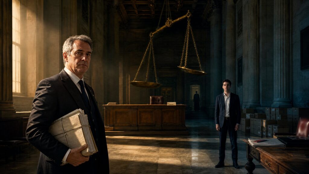 Hall de justice monumental : à gauche, un avocat en costume sombre tient un épais dossier contre lui ; à droite, séparé par une allée vide, un jeune homme en veste sombre se tient seul ; derrière le bureau du juge, une balance monumentale penche vers le dossier, sous un faisceau de lumière chaude