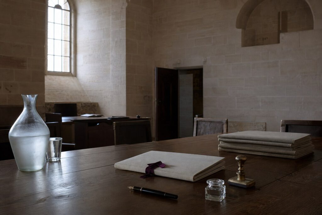 Bureau avec carafe, encrier, stylo plume et dossiers reliés sur table en bois
