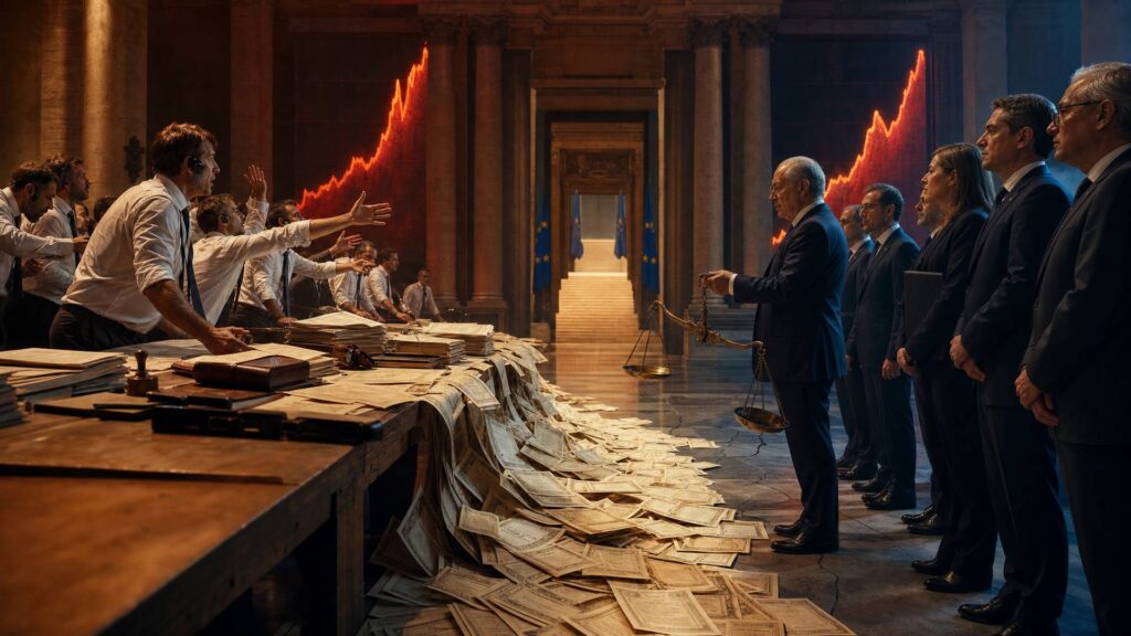 Dans une nef institutionnelle aux colonnes démesurées, une table de bois couverte de liasses de titres laisse déborder un fleuve de papier vers un seuil de marbre ; à gauche des opérateurs de marché en chemise, tendus vers des écrans où montent des courbes rouges, à droite des représentants en costume sombre et un homme tenant une balance penchée, devant des drapeaux européens.