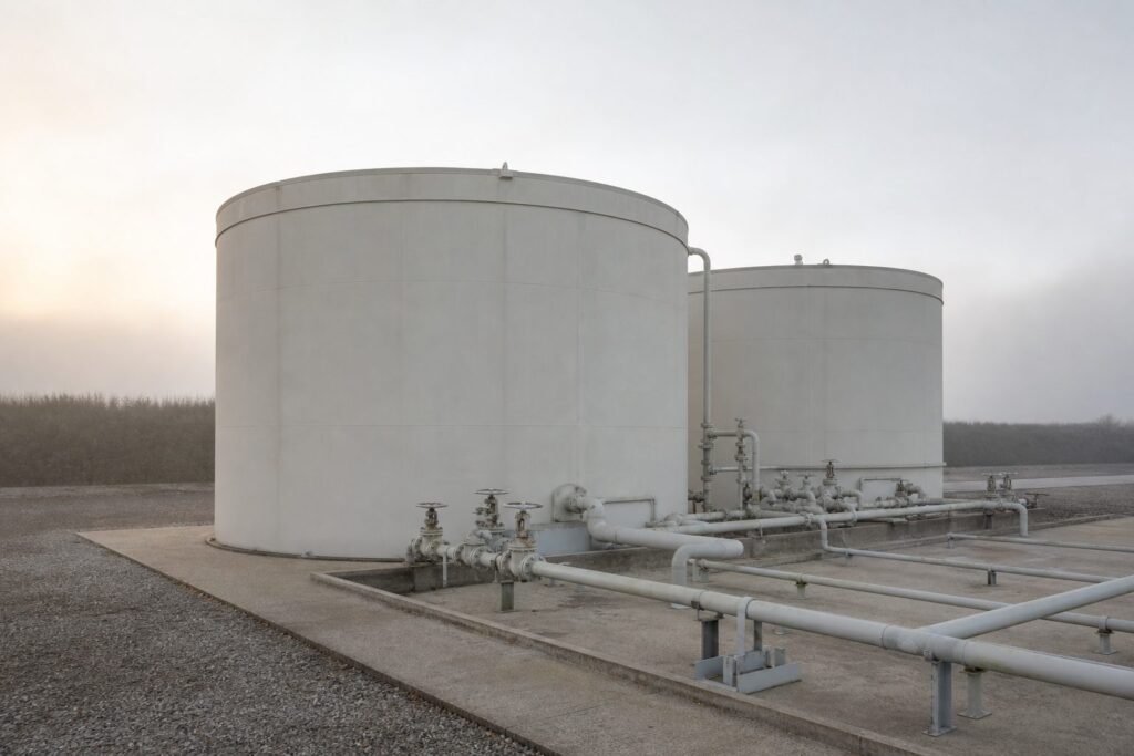 Réservoirs de stockage de carburant d'un dépôt pétrolier et tuyauteries, lumière froide du matin