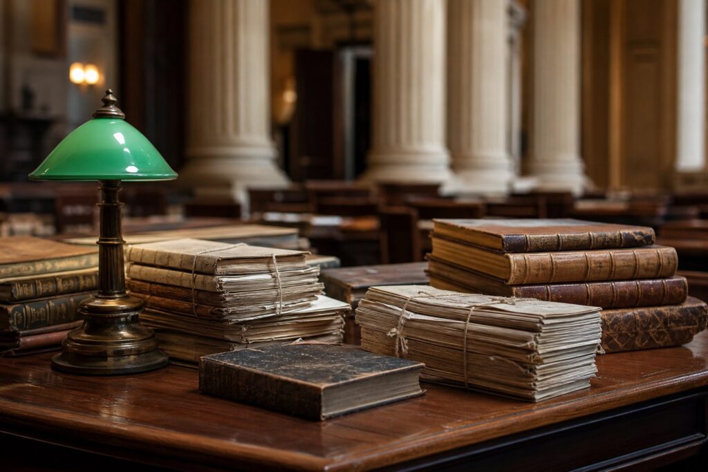 Piles de manuscrits reliés et de livres anciens sous une lampe à abat-jour vert.