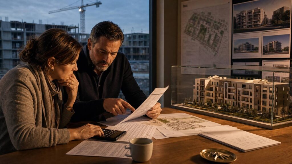 Bureau de vente immobilier en fin de journée : un couple assis à un bureau de bois examine un tableau d'amortissement devant un calculateur, des clés neuves posées sur un plateau de laiton ; à droite, une maquette d'immeuble aux fenêtres éteintes ; par la fenêtre, une coque de béton en chantier et une grue à l'arrêt.