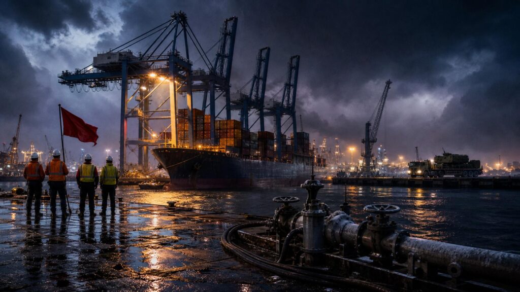 Quai de port de commerce au crépuscule : quatre dockers vus de dos, en gilets haute visibilité orange et casques blancs, immobiles près d'une hampe portant un drapeau rouge ; à droite, un manifold de chargement de carburant avec ses vannes ; au centre, un porte-conteneurs à quai sous des portiques de levage ; au loin, un camion militaire transportant un blindé bâché, phares allumés, séparé des hommes par le bassin ; ciel d'orage bleu ardoise, lumières de sodium chaudes, sol mouillé réfléchissant.