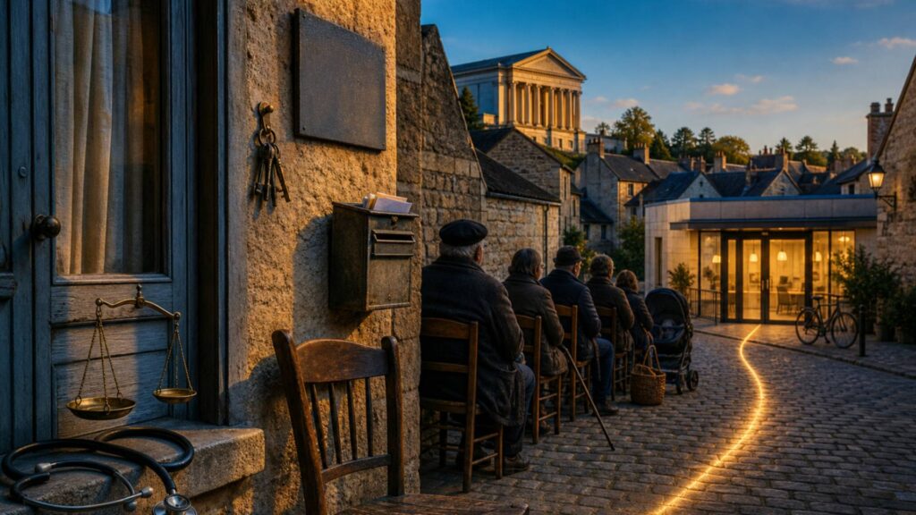 File d'attente sur une place de village devant un cabinet médical porte close, stéthoscope et trousseau de clés suspendus au mur