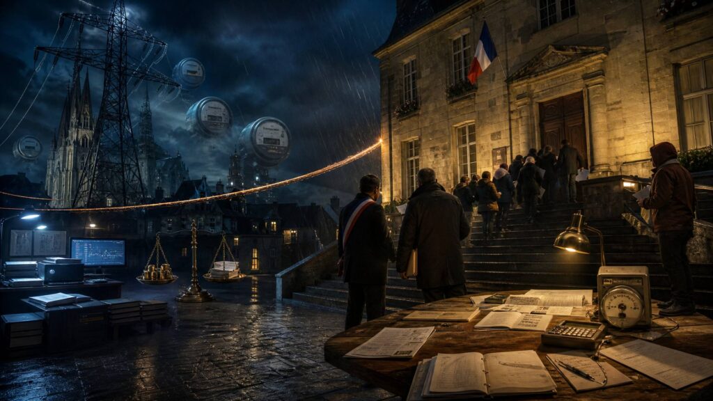 Parvis de la mairie de Dol-de-Bretagne la nuit : une table porte des factures d'électricité dépliées, un carnet de préinscriptions et un compteur électrique ; des habitants en manteaux tiennent leurs factures dans une file ; au-dessus des toits d'ardoise se dresse un pylône haute tension, face à un bureau éclairé d'écrans de prix et d'une balance déséquilibrée.
