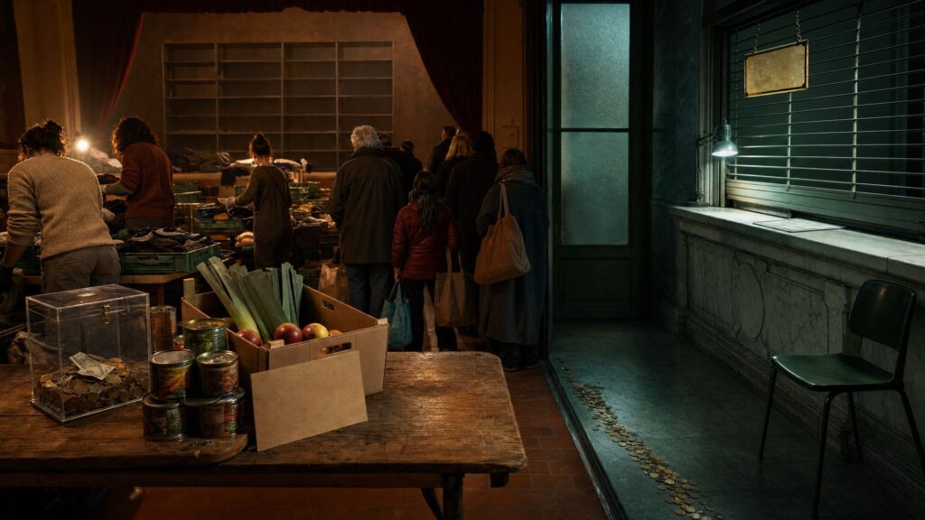 Salle des fêtes transformée en point de collecte : au premier plan, une table en bois avec un tronc transparent rempli de pièces et de billets, des cagettes de légumes et des conserves ; à gauche, des bénévoles vus de dos trient des vêtements devant une file d'attente ; à droite, séparé par une porte vitrée et une lumière froide, un guichet de marbre vide avec une chaise et un formulaire tamponné ; une traînée de pièces traverse le seuil.