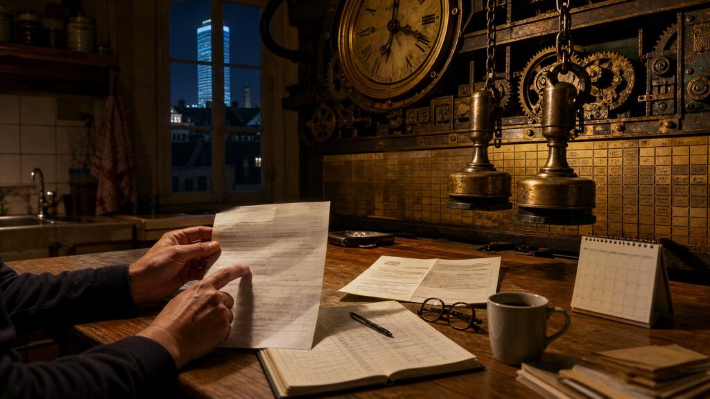 Cuisine française la nuit : sur une table en bois usé, deux mains tiennent un relevé bancaire au-dessus d'un avis d'imposition, d'un calendrier de bureau, de lunettes et d'une tasse ; derrière, un mécanisme monumental d'horloge et de calendrier en laiton patiné, avec deux lourds tampons suspendus au-dessus des papiers ; par la fenêtre, une tour administrative éclairée domine la ville. Aucun visage, aucun texte lisible.